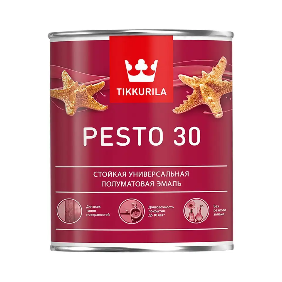Эмаль алкидная стойкая полуматовая Tikkurila Pesto 30 (Песто 30), 0,9 л, база А, белая — фото 1 Эмаль алкидная стойкая полуматовая Tikkurila Pesto 30 (Песто 30), 0,9 л, база А, белая — фото 1