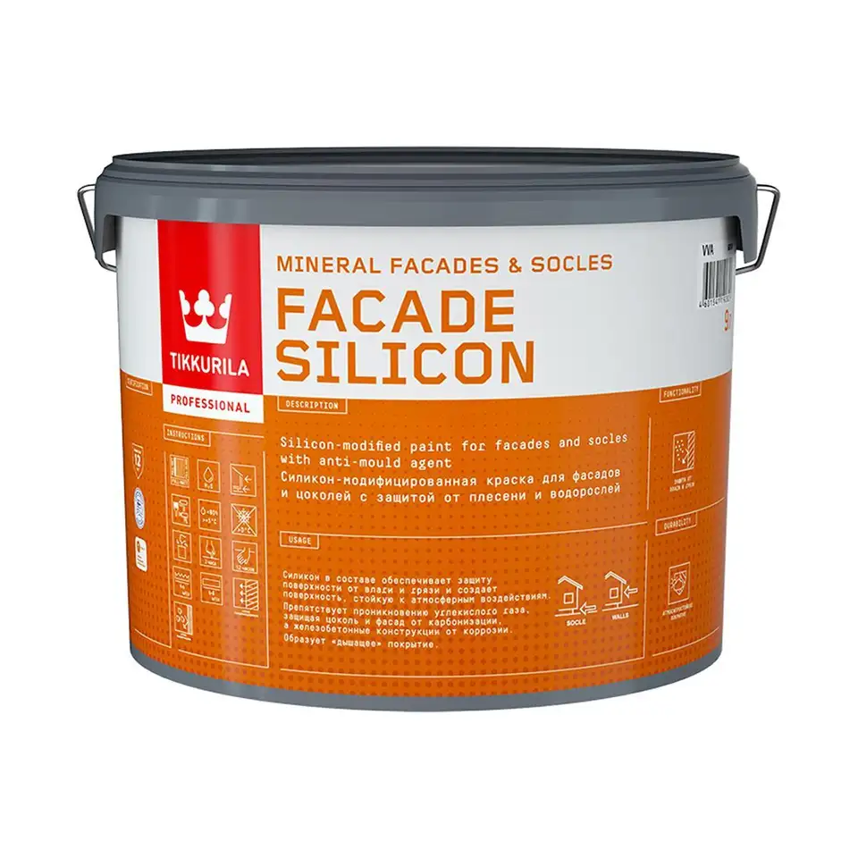 Краска для фасадов и цоколей Tikkurila Facade Silicon (Фасад Силикон), 9 л бесцветный, база С — фото 1 Краска для фасадов и цоколей Tikkurila Facade Silicon (Фасад Силикон), 9 л бесцветный, база С — фото 1