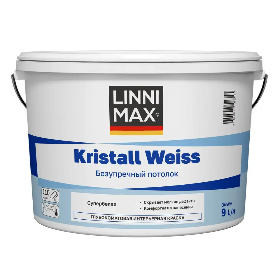 Краска интерьерная Linnimax Kristall Weiss Безупречный потолок, глубокоматовая, база 1, белая, 9 л — фото 1 Краска интерьерная Linnimax Kristall Weiss Безупречный потолок, глубокоматовая, база 1, белая, 9 л — фото 1
