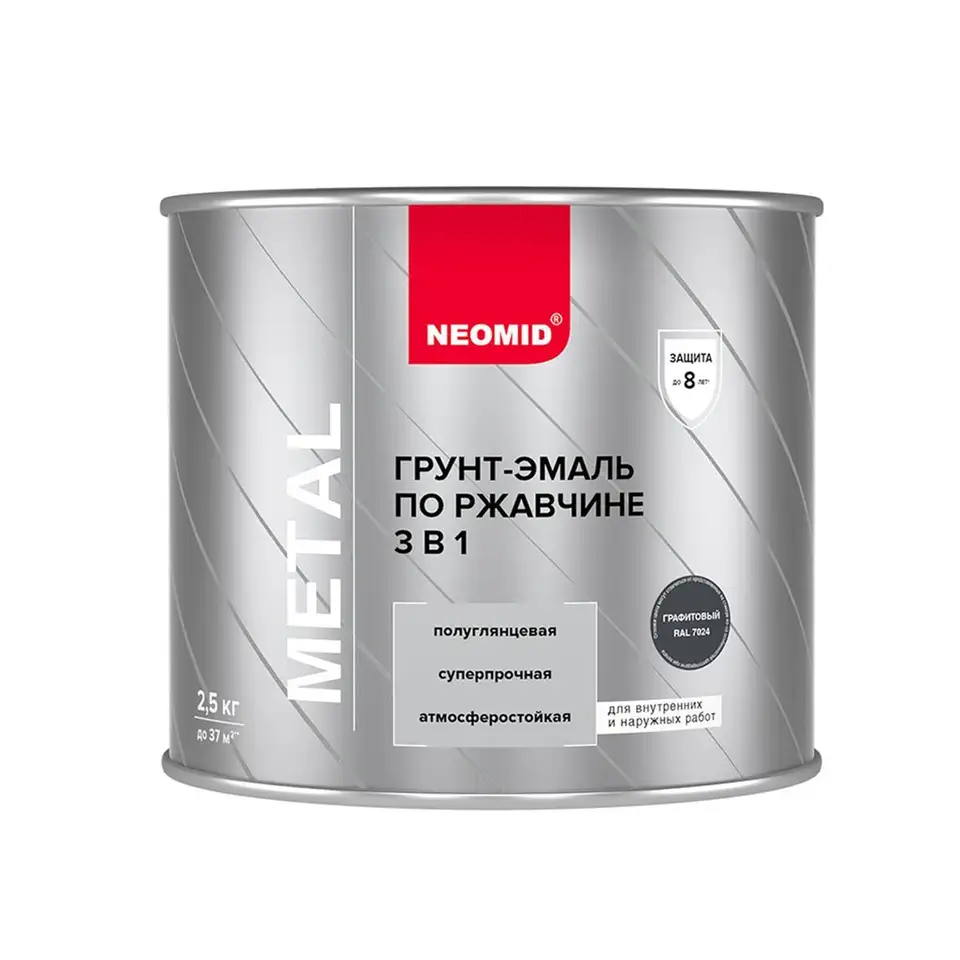 Грунт-эмаль по ржавчине 3 в 1 Neomid, полуглянцевая, 2,5 кг, RAL 7024, графит — фото 1