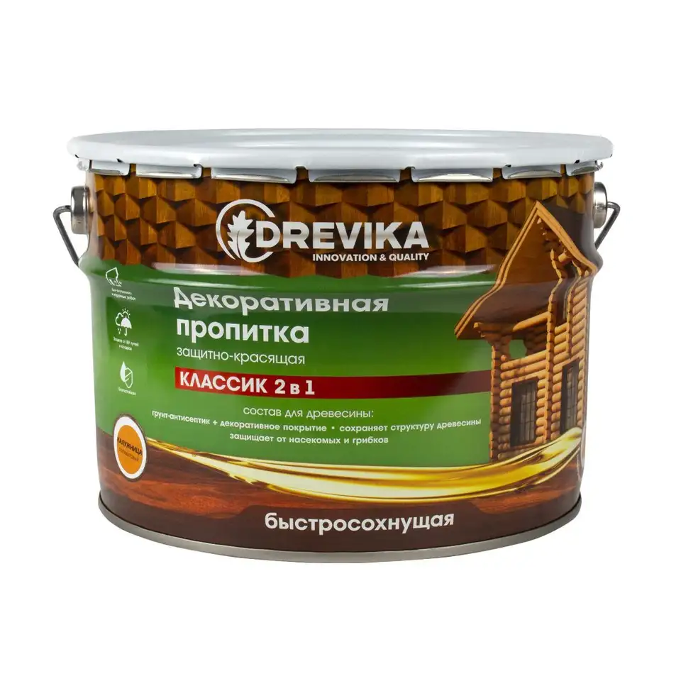 Декоративная пропитка для дерева Drevika Классик 2 в 1, полуматовая, 9 л, калужница — фото 1