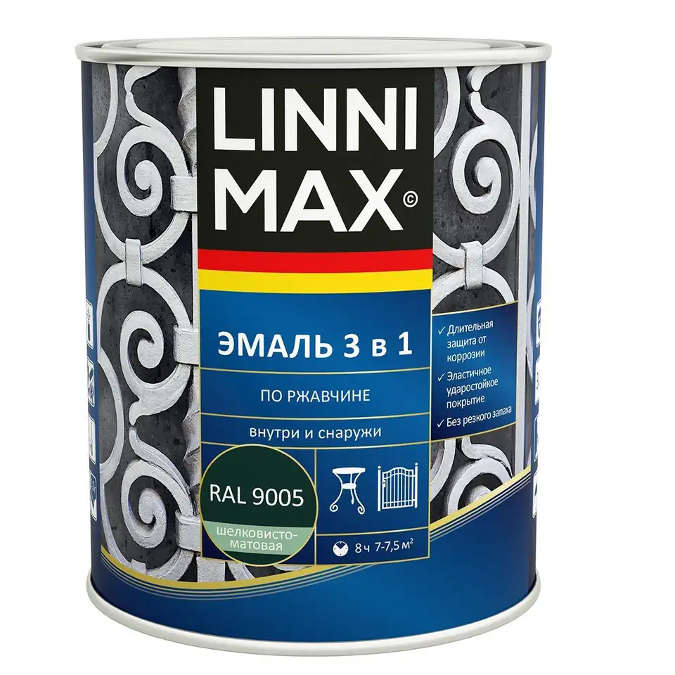 Грунт-эмаль по ржавчине Linnimax 3 в 1, 0,75 л, RAL 9005, черная — фото 1 Грунт-эмаль по ржавчине Linnimax 3 в 1, 0,75 л, RAL 9005, черная — фото 1