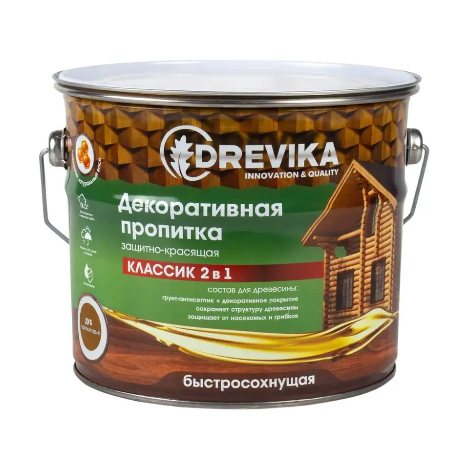 Декоративная пропитка для дерева Drevika Классик 2 в 1, полуматовая, 2,7 л, дуб — фото 1