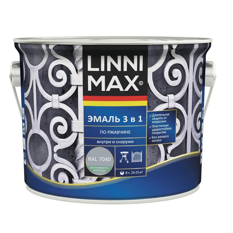 Грунт-эмаль по ржавчине Linnimax 3 в 1, 2,5 л, RAL 7040, серая — фото 1 Грунт-эмаль по ржавчине Linnimax 3 в 1, 2,5 л, RAL 7040, серая — фото 1