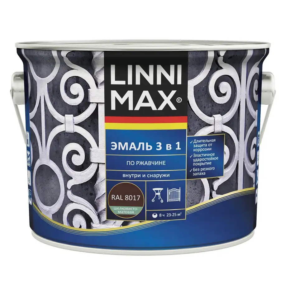 Грунт-эмаль по ржавчине Linnimax 3 в 1, 2,5 л, RAL 8017, темно-коричневая — фото 1 Грунт-эмаль по ржавчине Linnimax 3 в 1, 2,5 л, RAL 8017, темно-коричневая — фото 1