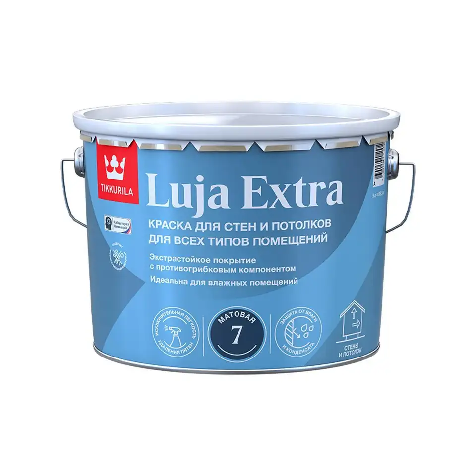 Краска для стен и потолков Tikkurila Luja Extra (Луя Экстра), матовая, база С, бесцветная, 9 л — фото 1 Краска для стен и потолков Tikkurila Luja Extra (Луя Экстра), матовая, база С, бесцветная, 9 л — фото 1