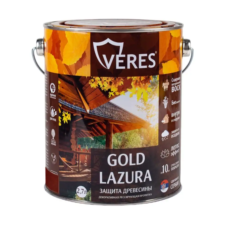 Декоративная пропитка для дерева Veres Gold Lazura №3, глянцевая, 2,7 л, тик — фото 1 Декоративная пропитка для дерева Veres Gold Lazura №3, глянцевая, 2,7 л, тик — фото 1