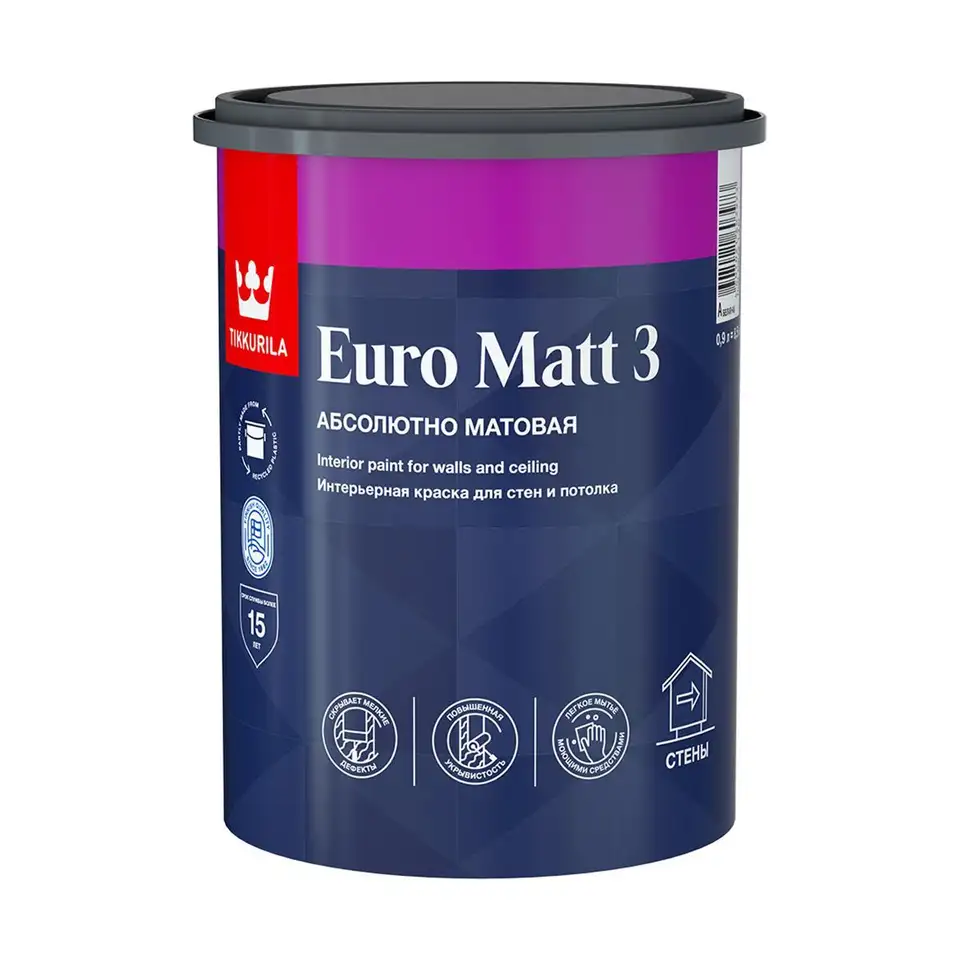 Краска интерьерная Tikkurila Euro Matt 3 (Евро Мат 3), 0,9 л, белый, база А — фото 1 Краска интерьерная Tikkurila Euro Matt 3 (Евро Мат 3), 0,9 л, белый, база А — фото 1