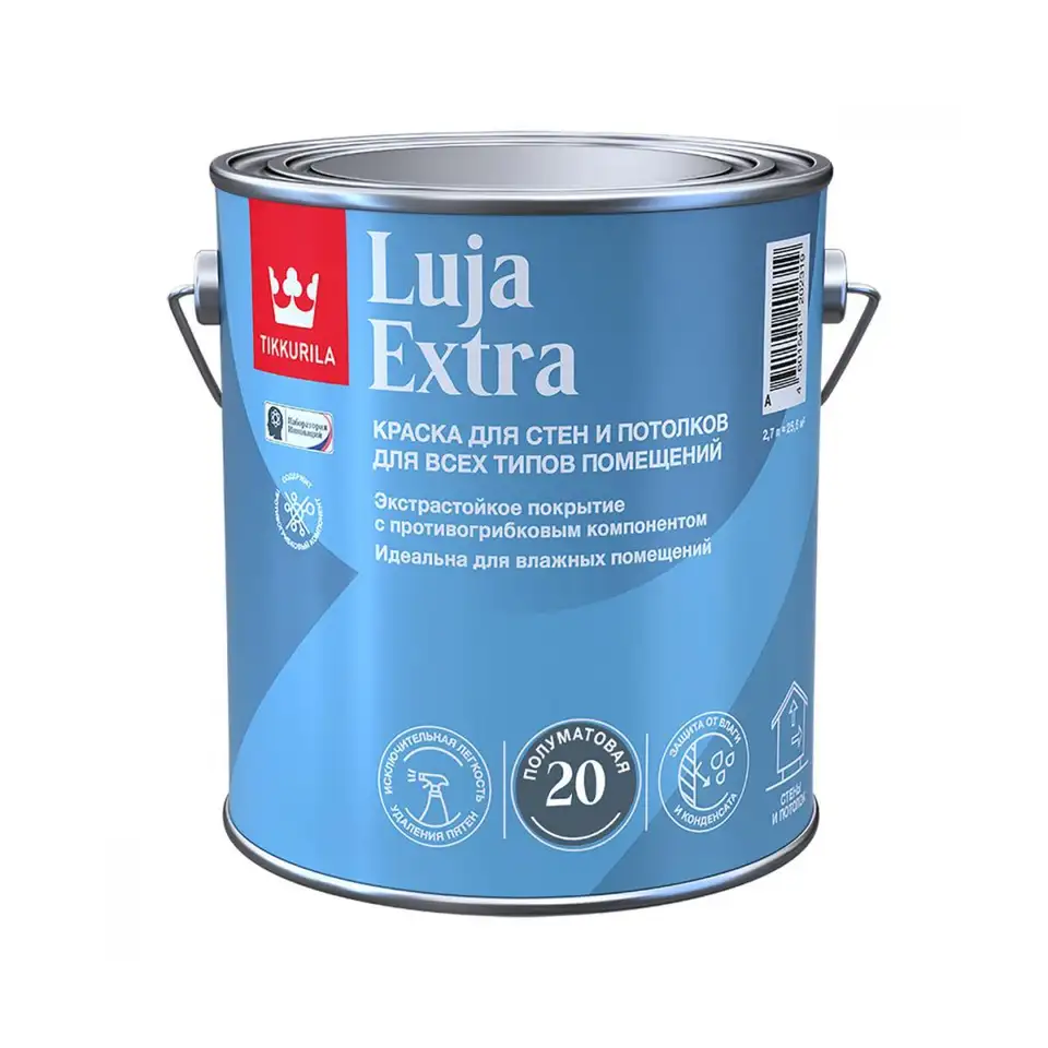 Краска для стен и потолков Tikkurila Luja Extra (Луя Экстра), полуматовая, база С, бесцветная, 2,7 л — фото 1 Краска для стен и потолков Tikkurila Luja Extra (Луя Экстра), полуматовая, база С, бесцветная, 2,7 л — фото 1