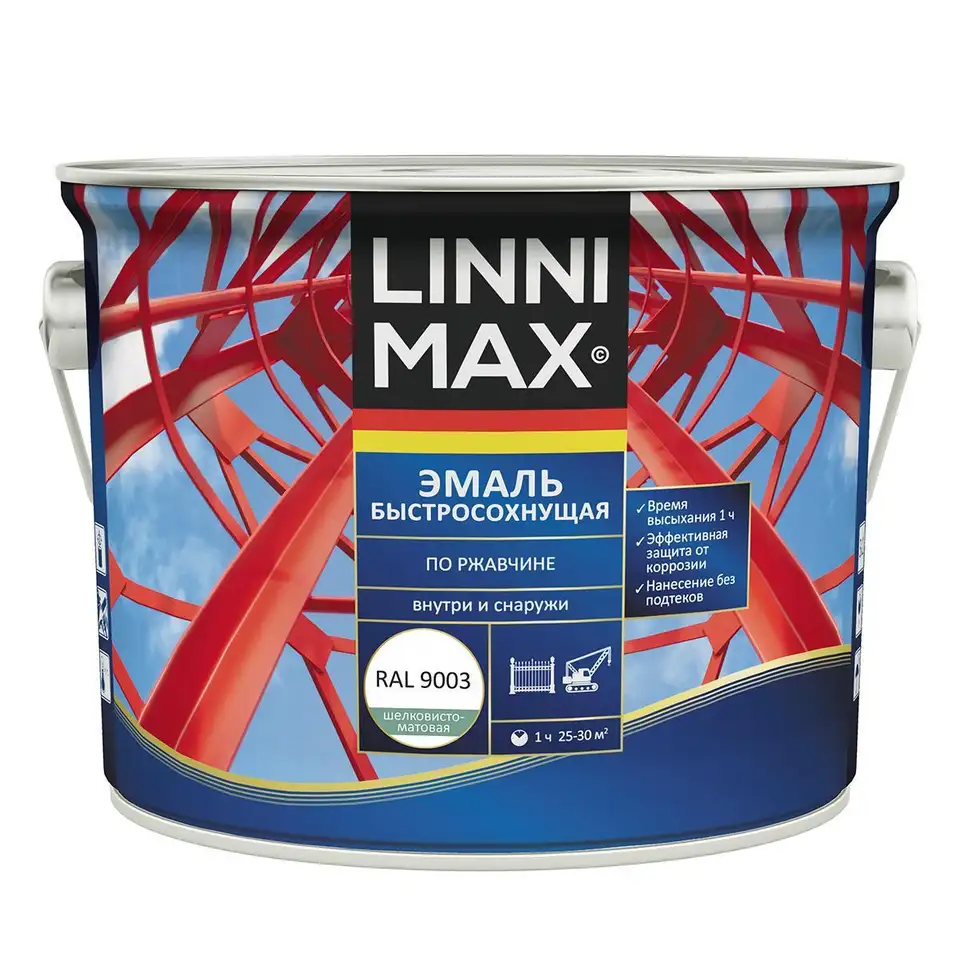 Грунт-эмаль по ржавчине Linnimax, быстросохнущая, 2,5 л, RAL 9003, белая — фото 1