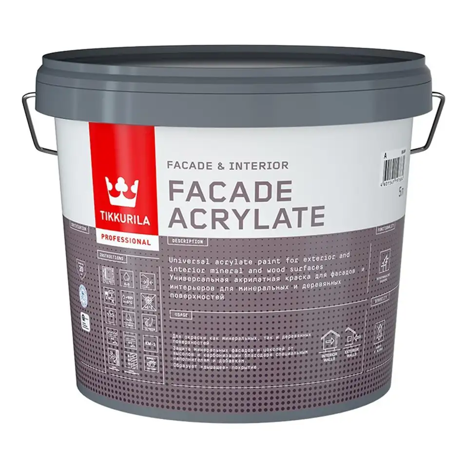 Краска фасадная Tikkurila Facade Acrylate (Фасад Акрилат), 5 л, бесцветная, база С — фото 1 Краска фасадная Tikkurila Facade Acrylate (Фасад Акрилат), 5 л, бесцветная, база С — фото 1