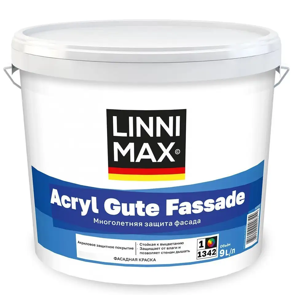 Краска фасадная Linnimax Acryl Gute Fassade, матовая, база 1, белая, 9 л — фото 1 Краска фасадная Linnimax Acryl Gute Fassade, матовая, база 1, белая, 9 л — фото 1