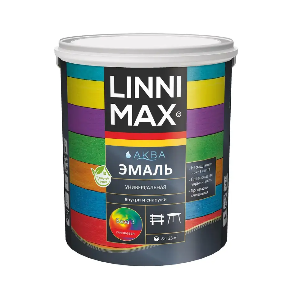 Эмаль универсальная Linnimax Аква, акриловая, глянцевая, база 3, бесцветная, 0,85 л — фото 1 Эмаль универсальная Linnimax Аква, акриловая, глянцевая, база 3, бесцветная, 0,85 л — фото 1