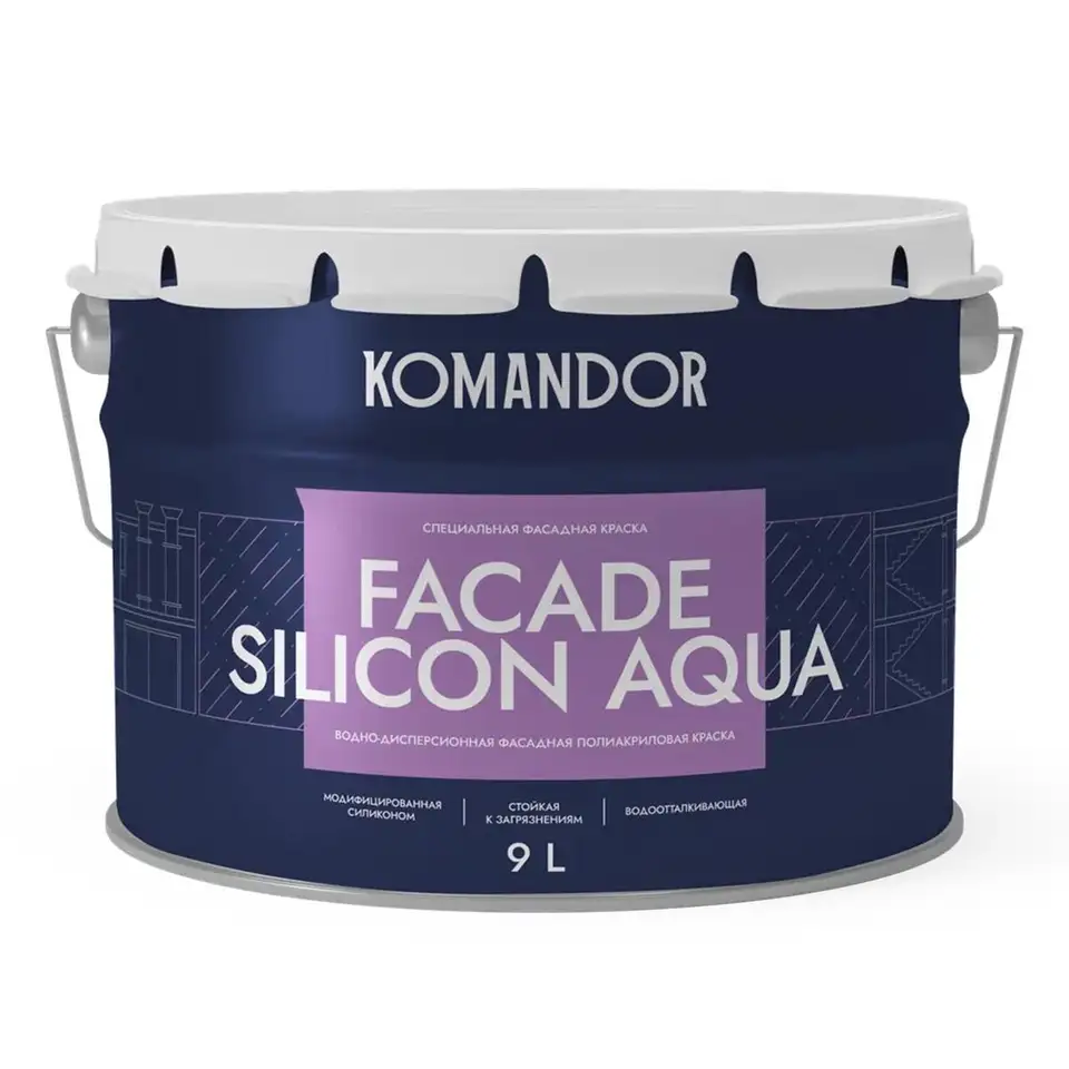 Краска фасадная Komandor Facade Silicon Aqua, глубокоматовая, база А, белая, 9 л — фото 1 Краска фасадная Komandor Facade Silicon Aqua, глубокоматовая, база А, белая, 9 л — фото 1