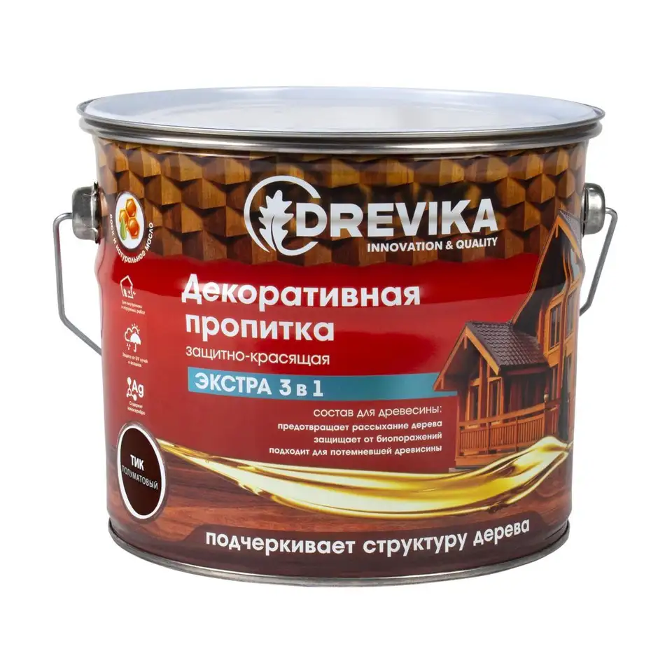 Декоративная пропитка для дерева Drevika Экстра 3 в 1, полуматовая, 3 л, тик — фото 1