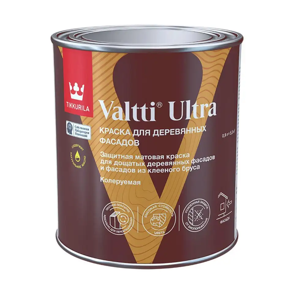Краска для деревянных фасадов Tikkurila Valtti Ultra (Валтти Ультра), база А, белая, 0,9 л — фото 1 Краска для деревянных фасадов Tikkurila Valtti Ultra (Валтти Ультра), база А, белая, 0,9 л — фото 1