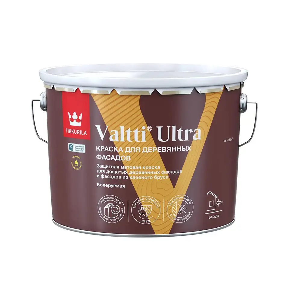 Краска для деревянных фасадов Tikkurila Valtti Ultra (Валтти Ультра), база С, бесцветная, 9 л — фото 1 Краска для деревянных фасадов Tikkurila Valtti Ultra (Валтти Ультра), база С, бесцветная, 9 л — фото 1