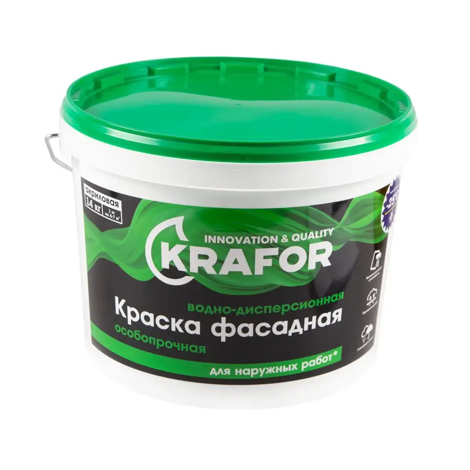 Краска водно-дисперсионная фасадная особопрочная Krafor, 14 кг, белая — фото 1 Краска водно-дисперсионная фасадная особопрочная Krafor, 14 кг, белая — фото 1