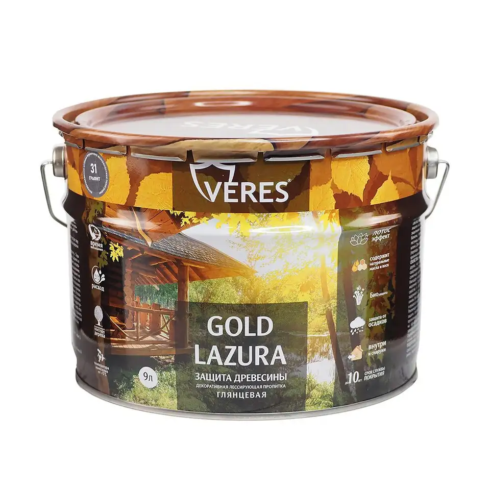 Декоративная пропитка для дерева Верес Gold №31 VG-30, глянцевая, 9 л, графит — фото 1 Декоративная пропитка для дерева Верес Gold №31 VG-30, глянцевая, 9 л, графит — фото 1