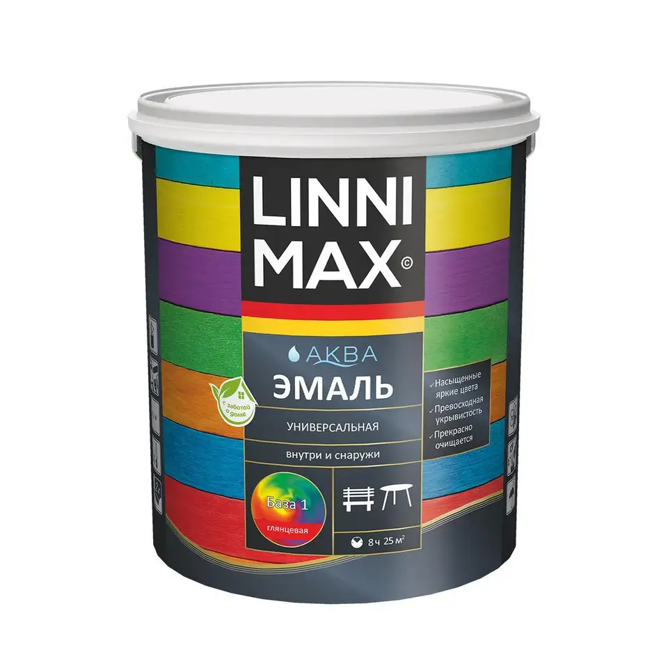Эмаль универсальная Linnimax Аква, акриловая, глянцевая, база 1, белая, 2,5 л — фото 1 Эмаль универсальная Linnimax Аква, акриловая, глянцевая, база 1, белая, 2,5 л — фото 1