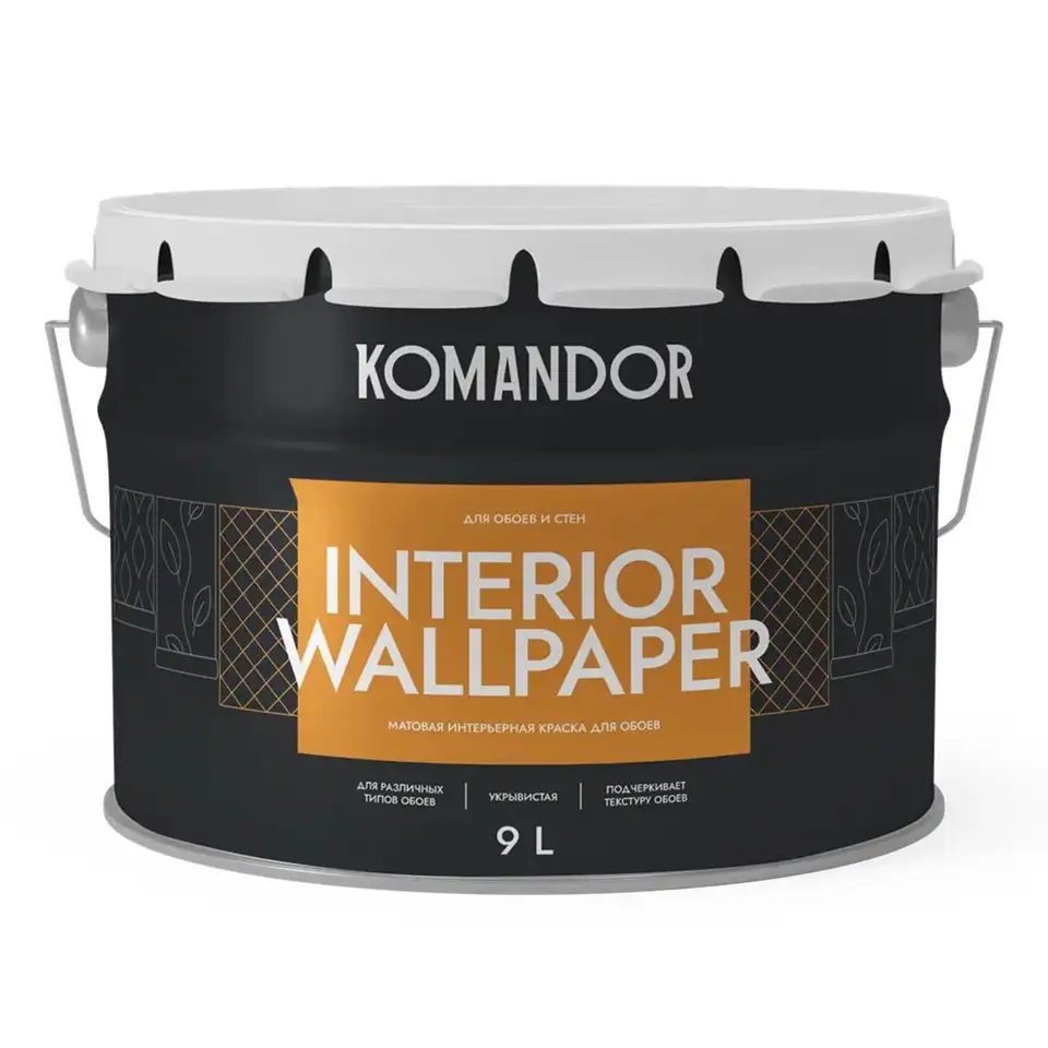 Краска для обоев Komandor Interior Wallpaper, матовая, база А, белая, 9 л — фото 1 Краска для обоев Komandor Interior Wallpaper, матовая, база А, белая, 9 л — фото 1