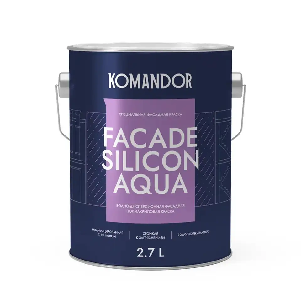 Краска фасадная Komandor Facade Silicon Aqua, глубокоматовая, база А, белая, 2,7 л — фото 1 Краска фасадная Komandor Facade Silicon Aqua, глубокоматовая, база А, белая, 2,7 л — фото 1