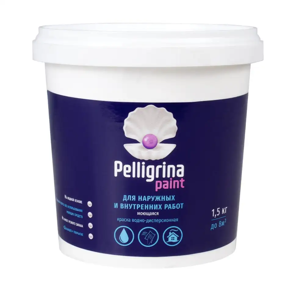 Краска моющаяся для наружных и внутренних работ Pelligrina Paint, акриловая, белоснежная, 1,5 кг — фото 1 Краска моющаяся для наружных и внутренних работ Pelligrina Paint, акриловая, белоснежная, 1,5 кг — фото 1