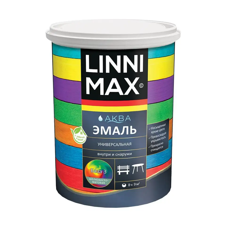 Эмаль универсальная Linnimax Аква, акриловая, шелковисто-матовая, база 3, бесцветная, 0,85 л — фото 1