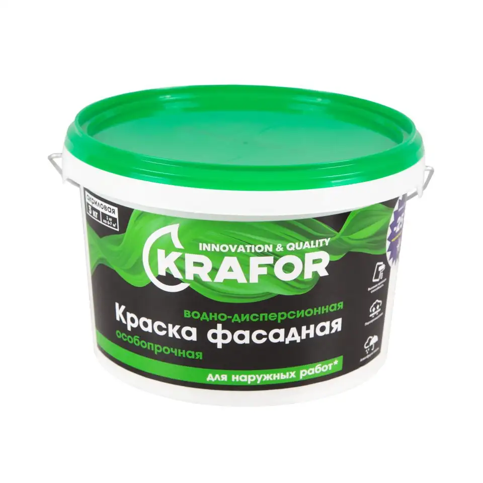 Краска водно-дисперсионная фасадная особопрочная Krafor, 3 кг, белая — фото 1 Краска водно-дисперсионная фасадная особопрочная Krafor, 3 кг, белая — фото 1