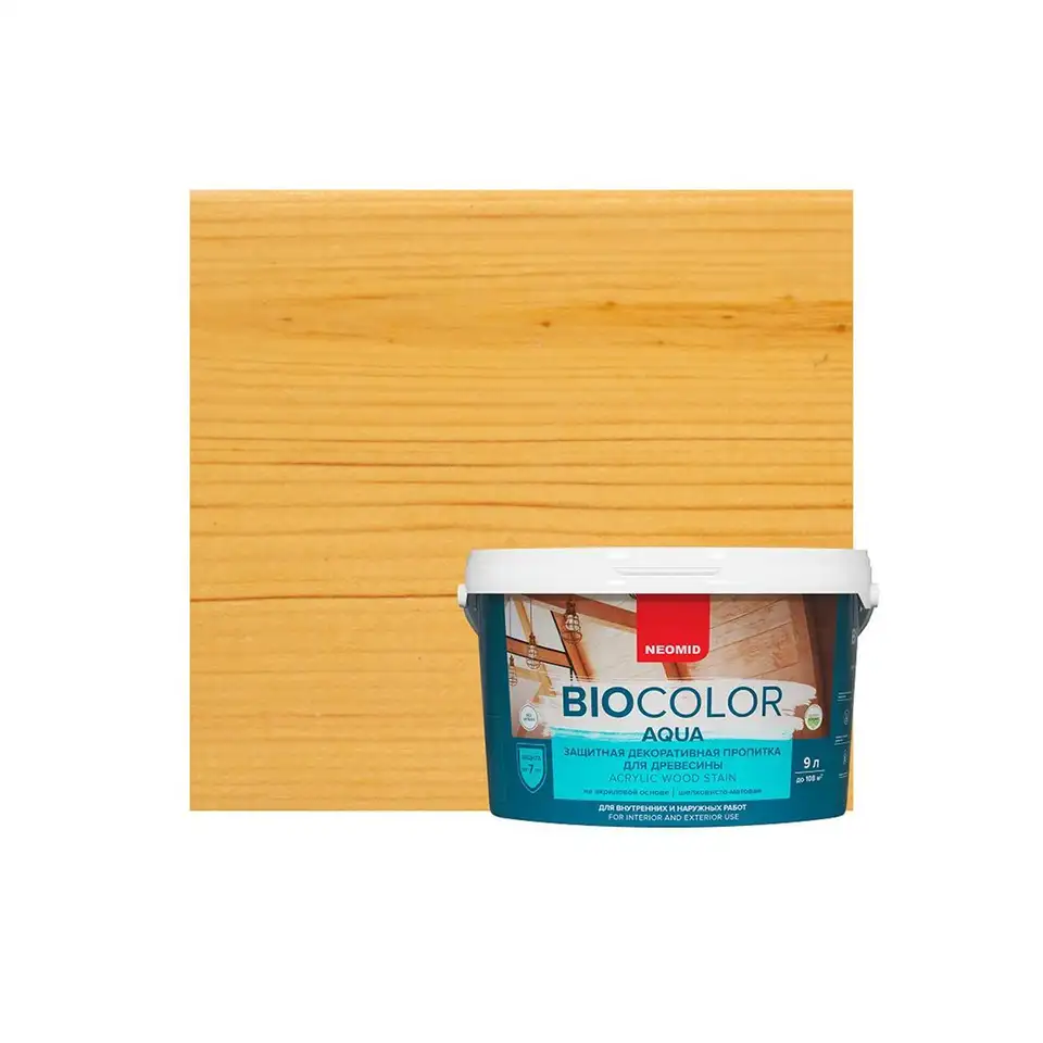 Защитно-декоративная пропитка для дерева Neomid Bio Color Aqua, шелковисто-матовая, 9 л, сосна — фото 1
