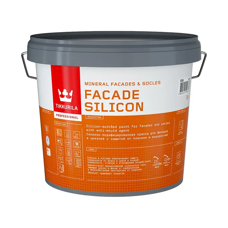 Краска для фасадов и цоколей Tikkurila Facade Silicon (Фасад Силикон), 5 л, белый, база А — фото 1 Краска для фасадов и цоколей Tikkurila Facade Silicon (Фасад Силикон), 5 л, белый, база А — фото 1