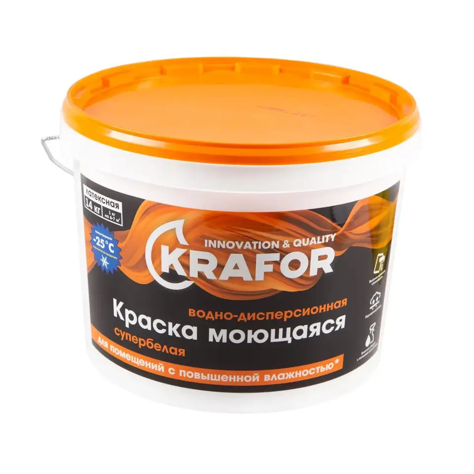 Краска водно-дисперсионная интерьерная моющаяся Krafor, латексная, 14 кг, супербелая — фото 1 Краска водно-дисперсионная интерьерная моющаяся Krafor, латексная, 14 кг, супербелая — фото 1