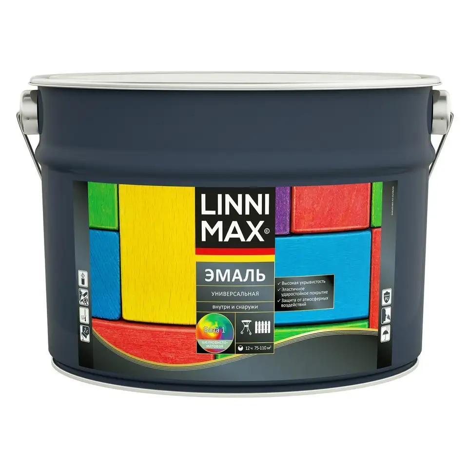 Эмаль алкидная Linnimax 948107508, универсальная, шелковисто-матовая, база 1, белая, 9 л — фото 1 Эмаль алкидная Linnimax 948107508, универсальная, шелковисто-матовая, база 1, белая, 9 л — фото 1