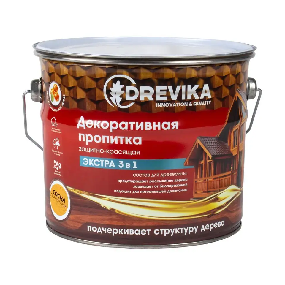 Декоративная пропитка для дерева Drevika Экстра 3 в 1, полуматовая, 3 л, сосна — фото 1