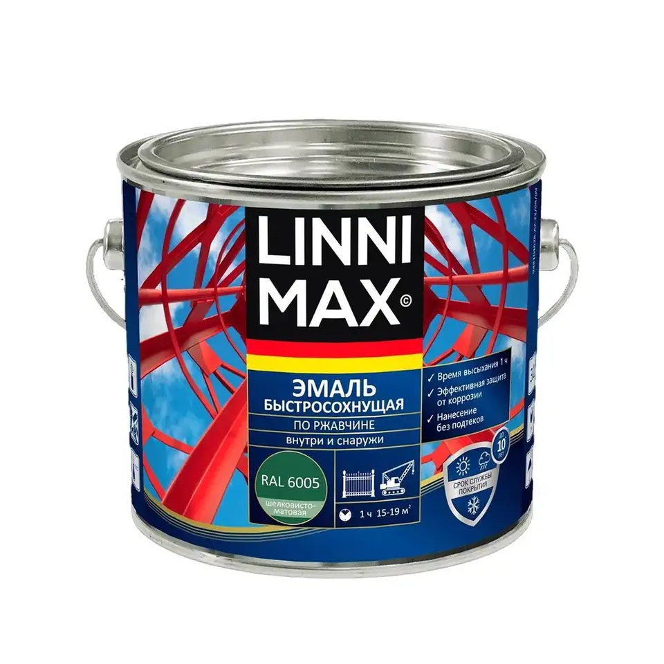 Грунт-эмаль по ржавчине Linnimax, быстросохнущая, 1,6 л, RAL 6005, зеленая — фото 1