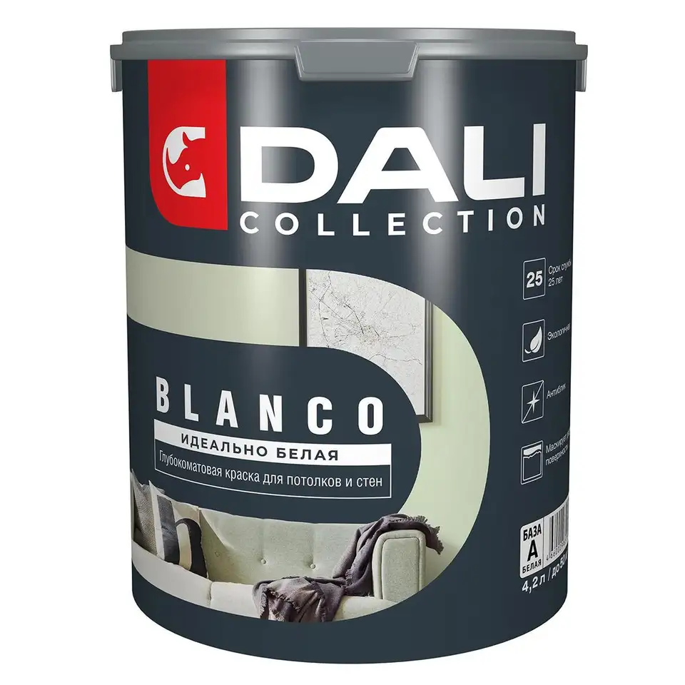 Краска для стен и потолков Dali Collection Blanco, глубокоматовая, база А, белая, 4,2 л — фото 1 Краска для стен и потолков Dali Collection Blanco, глубокоматовая, база А, белая, 4,2 л — фото 1