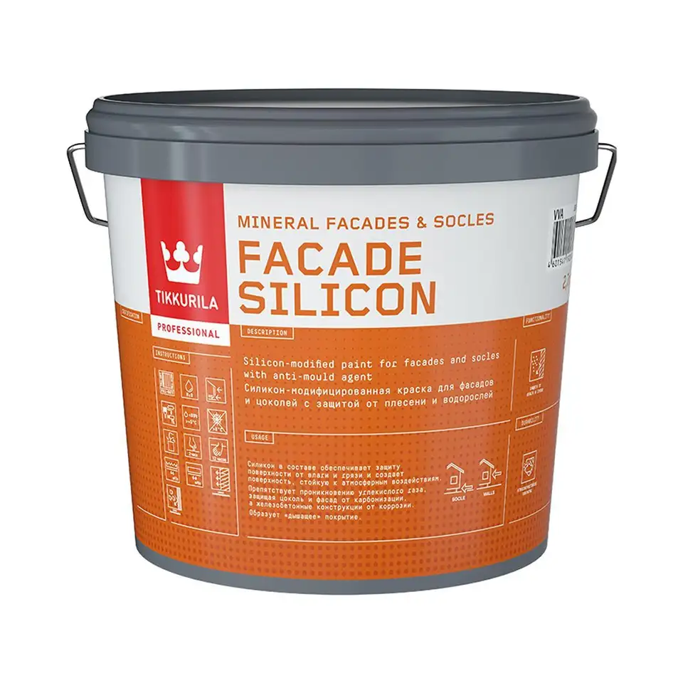 Краска для фасадов и цоколей Tikkurila Facade Silicon (Фасад Силикон), 2,7 л, бесцветный, база С — фото 1 Краска для фасадов и цоколей Tikkurila Facade Silicon (Фасад Силикон), 2,7 л, бесцветный, база С — фото 1