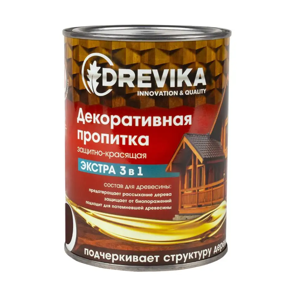 Декоративная пропитка для дерева Drevika Экстра 3 в 1, полуматовая, 0,8 л, тик — фото 1