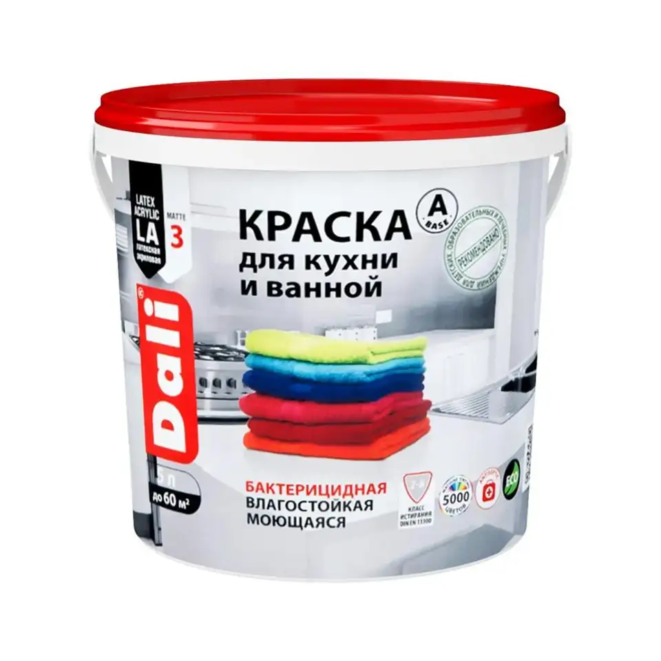 Краска для кухни и ванной Dali, латексная, глубокоматовая, база C, бесцветная, 5 л — фото 1