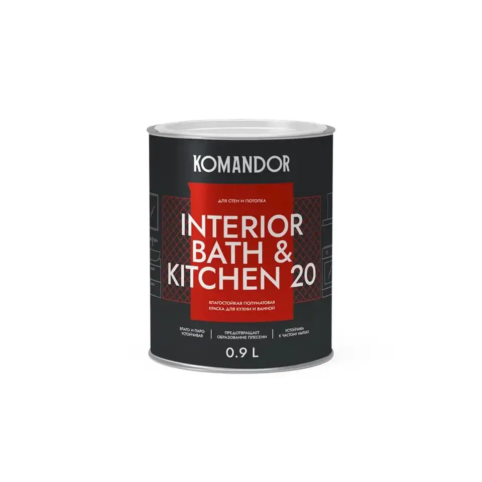 Краска интерьерная влагостойкая Komandor Interior Bath&Kitchen 20, база С, бесцветная, 0,9 л — фото 1 Краска интерьерная влагостойкая Komandor Interior Bath&Kitchen 20, база С, бесцветная, 0,9 л — фото 1