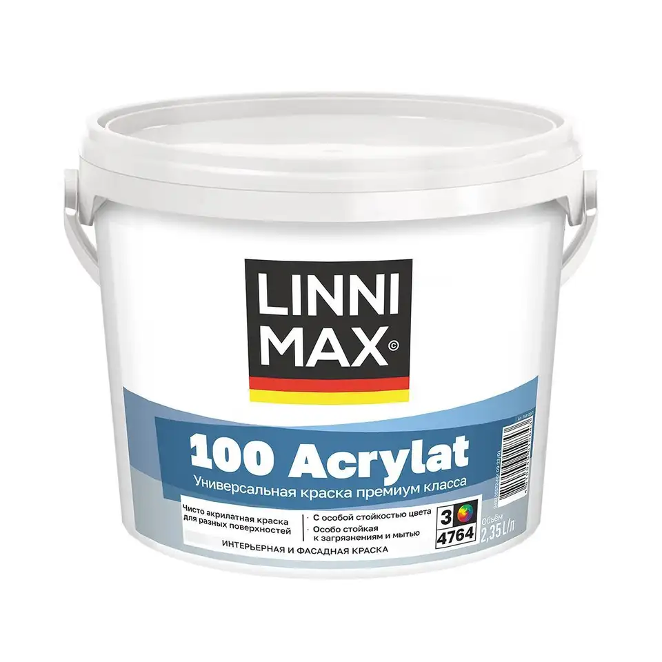 Краска фасадная Linnimax 100 Acrylat, полуматовая, база 3, бесцветная, 2,35 л — фото 1