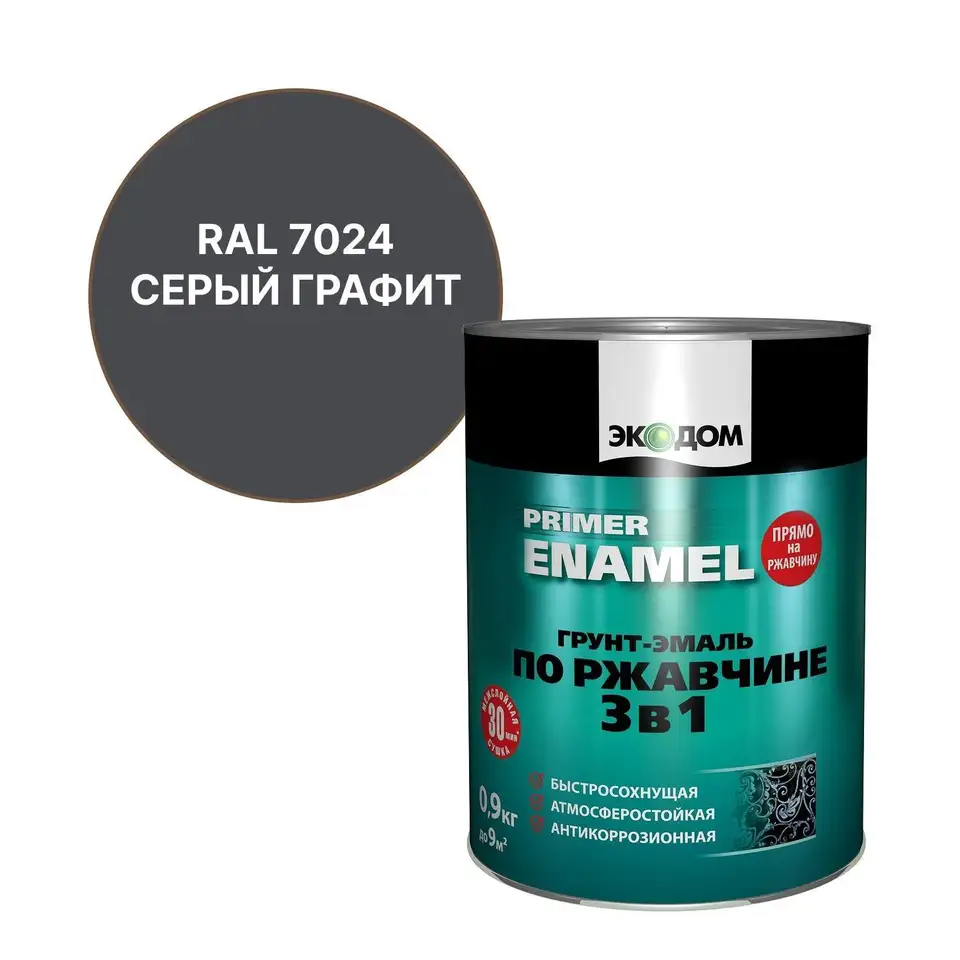 Грунт-эмаль по ржавчине Экодом 3 в 1, полуматовая, 0,9 кг, RAL 7024, серый графит — фото 1
