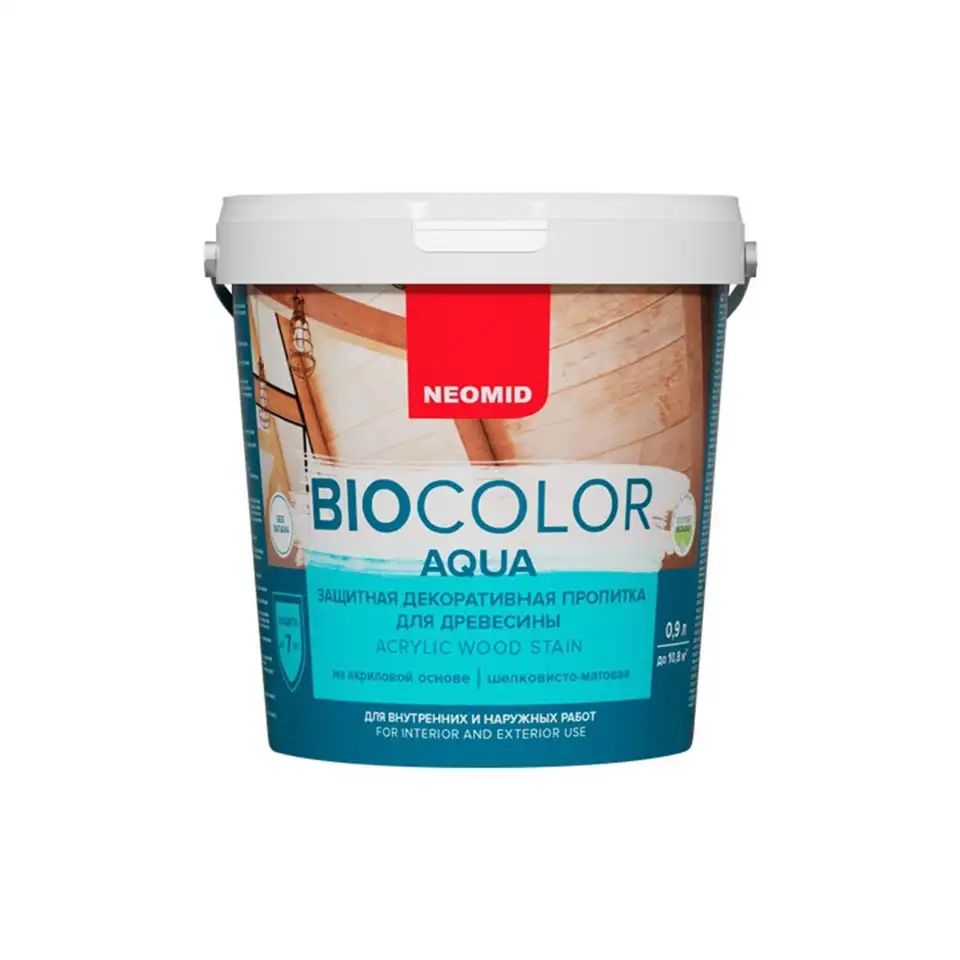 Защитно-декоративная пропитка для дерева Neomid Bio Color Aqua, шелковисто-матовая, 0,9 л, белая — фото 1