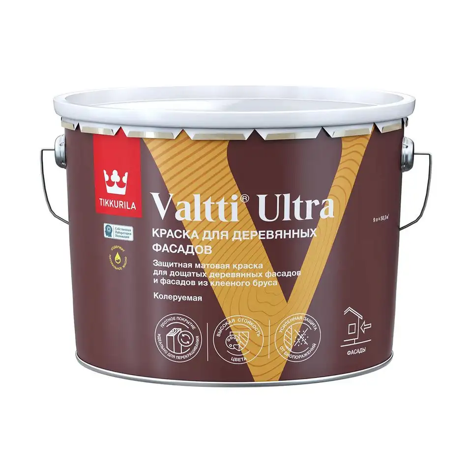 Краска для деревянных фасадов Tikkurila Valtti Ultra (Валтти Ультра), база А, белая, 9 л — фото 1 Краска для деревянных фасадов Tikkurila Valtti Ultra (Валтти Ультра), база А, белая, 9 л — фото 1