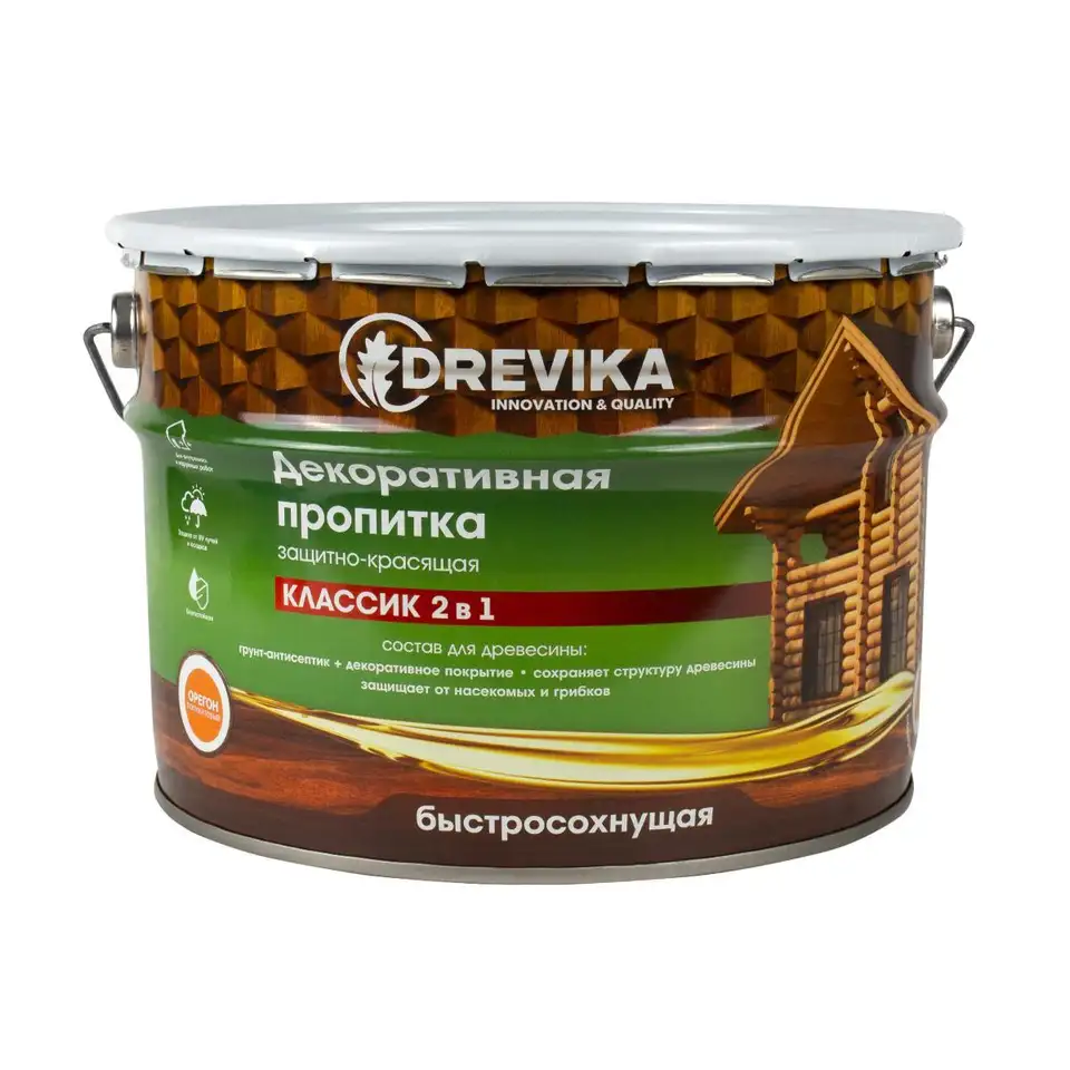 Декоративная пропитка для дерева Drevika Классик 2 в 1, полуматовая, 9 л, орегон — фото 1