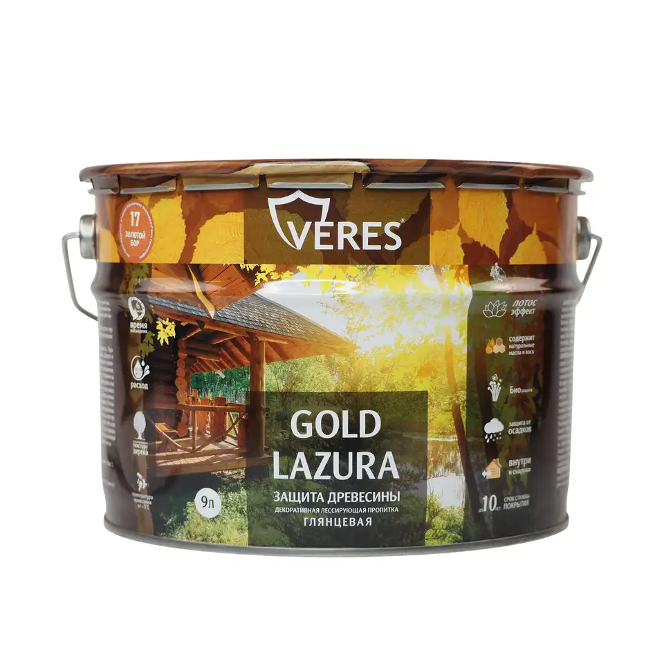 Декоративная пропитка для дерева Верес Gold №17 VG-24, глянцевая, 9 л, золотой бор — фото 1 Декоративная пропитка для дерева Верес Gold №17 VG-24, глянцевая, 9 л, золотой бор — фото 1