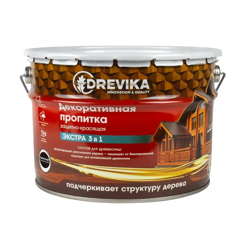 Декоративная пропитка для дерева Drevika Экстра 3 в 1, полуматовая, 9 л, палисандр — фото 1