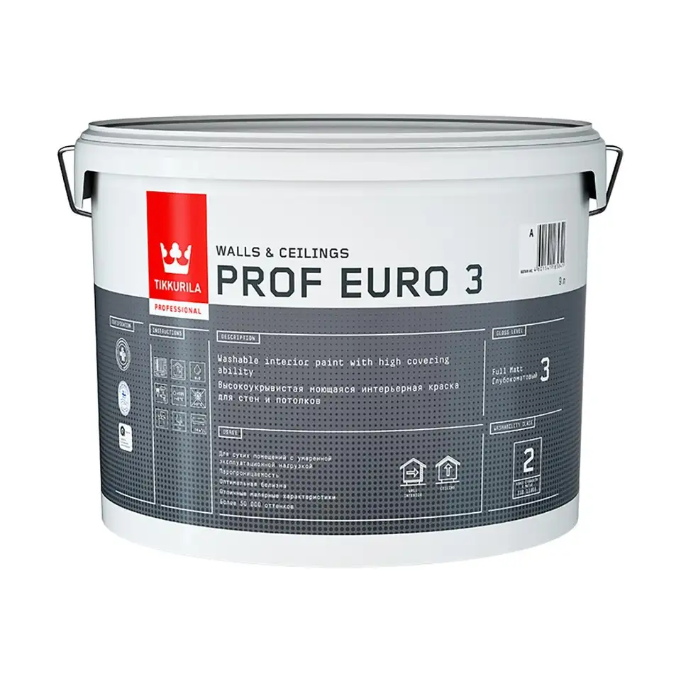 Краска интерьерная Tikkurila Prof Euro 3 (Проф Евро 3), 9 л, белая, база А — фото 1 Краска интерьерная Tikkurila Prof Euro 3 (Проф Евро 3), 9 л, белая, база А — фото 1