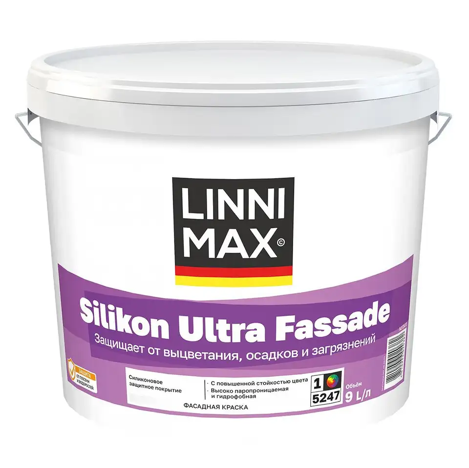 Краска фасадная силиконовая Linnimax Silikon Ultra Fassade, база 1, белая, 9 л — фото 1 Краска фасадная силиконовая Linnimax Silikon Ultra Fassade, база 1, белая, 9 л — фото 1