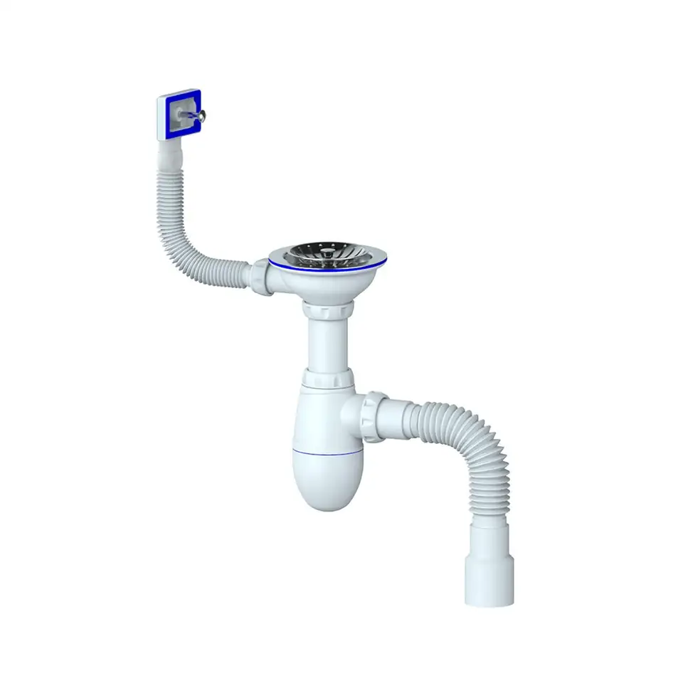 Сифон бутылочный Unicorn B425P, с выпуском 3 1/2" x 40 мм, с прямоугольным переливом и гофротрубой — фото 1